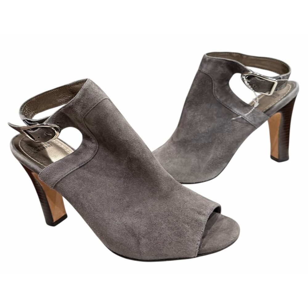 Johnston & Murphy Cassie Booties 9.5 Gray Kid Suede Open Peep Toe Slingback Heel